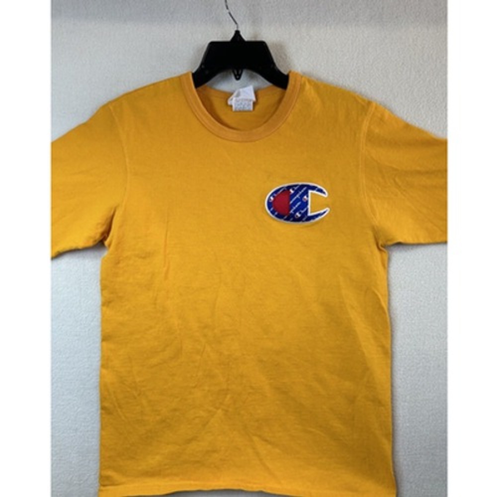 Champion Mens Large Logo T Shirt M Yellow Crew Neck Short Sleeve GT19 BYC Cotton